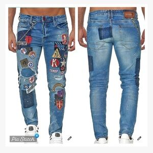 Kingz Patches Paint Splatter Embellished Distressed Jeans